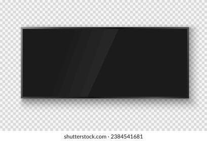 Realistic TV screen. Modern stylish LED LCD panel. Large computer monitor display mockup. Blank TV template. Vector illustration of a plasma TV monitor on a transparent background.