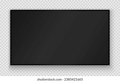 Realistic TV screen. Modern stylish LED LCD panel. Large computer monitor display mockup. Blank TV template. Vector illustration of a plasma TV monitor on a transparent background.