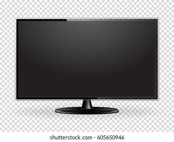 Realistic TV screen. Modern stylish lcd panel led type. Large computer monitor display mockup. Blank television template. Graphic design element for catalog, web site, presentation Vector illustration