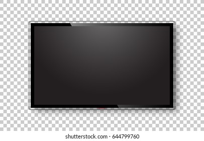 Pantalla de televisión realista. Moderno y elegante panel lcd, tipo de cable. El monitor de ordenador grande muestra la maqueta. Plantilla de televisión en blanco. Elemento de diseño gráfico para catálogo, sitio web, como maqueta. Ilustración del vector