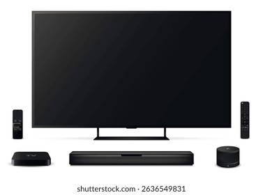 Realistic tv screen with remote control, sound bar, set-top box and smart speaker isolated on white background