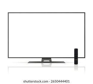 Realistic tv screen with remote control. Smart tv mockup.