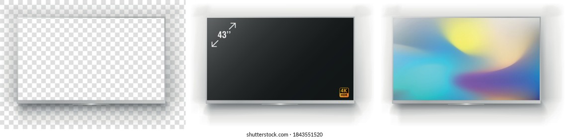 Pantalla de televisión realista. Moderno panel de pared lcd, tipo led, aislado en fondo blanco. El monitor de ordenador grande muestra la maqueta. Plantilla de televisión en blanco. Elemento de diseño gráfico. Ilustración del vector
