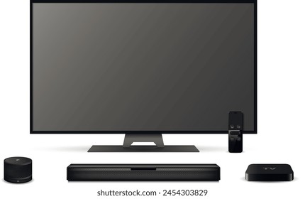 Realistic tv screen, sound bar, tv set-top box and smart speaker