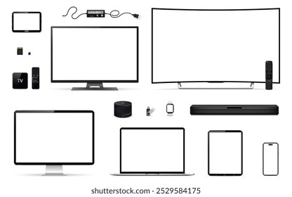 Conjunto realista de la TV, pantalla del ordenador, ordenador portátil, tableta, smartphone, y más dispositivos de la tecnología