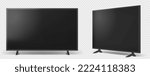 Realistic tv set isolated on transparent background. Flat television with black screen. Modern stylish lcd panel, Large blank display mockup. Graphic design element for catalog. 3D Illustration