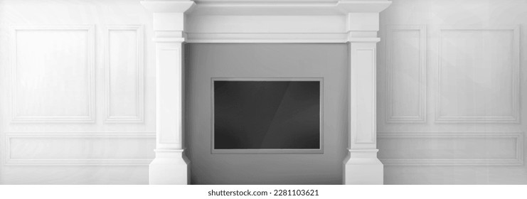 Realistic tv set in niche on white victorian wall with column and molding. Vector illustration of classic vintage panel. Elegant room in museum, office, house, apartment. Home interior design element