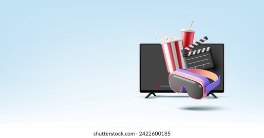 Realistic TV set, popcorn, drink, virtual reality glasses, clapper cinema . 3D. For the concepts of watching your favorite video content, movies and series. Vector