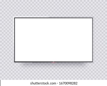 Realistic tv with thin glass frame and blank screen. Wall led television panel with shadow isolated. 3d tv display mockup with glow power button, vector illustration.