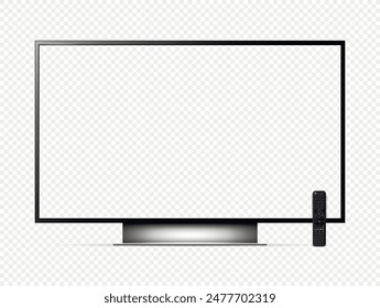 Realistic tv transparent screen with remote control isolated on transparent background.