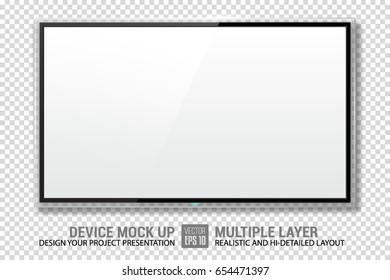 Realistic TV with White Screen Isolated. Modern LCD Panel, LED Display. Design Element for Catalog, Web as Mock up. Stylish Blank Television, Separate Groups and Layers. Easily Editable Vector.