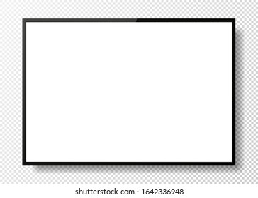 Realistic TV White Screen On Transparent Background. Modern Stylish Panel. Large TV Monitor Display Mockup. Black Blank Television Template. Vector Illustration.