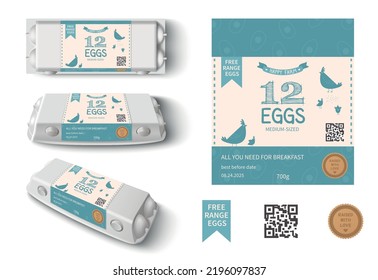 Realistic Twelve Chicken Eggs Package Mockup With Label Template Isolated Vector Illustration