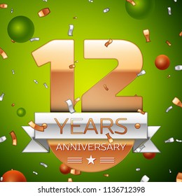 Realistic Twelve Years Anniversary Celebration design banner. Gold numbers and silver ribbon, balloons, confetti on green background. Colorful Vector template elements for your birthday party