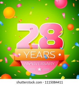 Realistic Twenty eight Years Anniversary Celebration Design. Pink numbers and golden ribbon, confetti on green background. Colorful Vector template elements for your birthday party