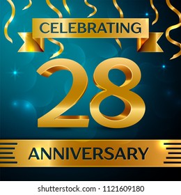Realistic Twenty eight Years Anniversary Celebration Design. Golden confetti and gold ribbon on blue background. Colorful Vector template elements for your birthday party