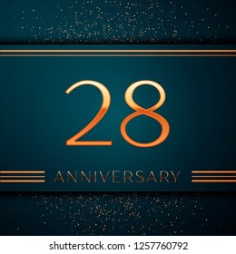 Realistic Twenty eight Years Anniversary Celebration design banner. Golden number and confetti on green background. Colorful Vector template elements for your birthday party