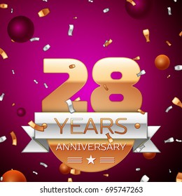 Realistic Twenty eight Years Anniversary Celebration Design. Golden numbers and silver ribbon, confetti on purple background. Colorful Vector template elements for your birthday party