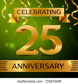 Realistic Twenty five Years Anniversary Celebration Design. Confetti and gold ribbon on green background. Colorful Vector template elements for your birthday party. Anniversary ribbon
