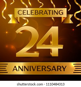 Realistic Twenty four Years Anniversary Celebration Design. Golden confetti and gold ribbon on brown background. Colorful Vector template elements for your birthday party