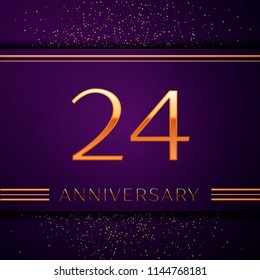 Realistic Twenty four Years Anniversary Celebration design banner. Golden number and confetti on purple background. Colorful Vector template elements for your birthday party