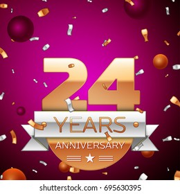 Realistic Twenty four Years Anniversary Celebration Design. Golden numbers and silver ribbon, confetti on purple background. Colorful Vector template elements for your birthday party