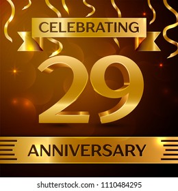 Realistic Twenty nine Years Anniversary Celebration Design. Golden confetti and gold ribbon on brown background. Colorful Vector template elements for your birthday party