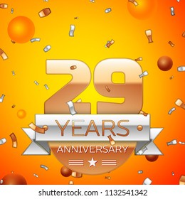 Realistic Twenty nine Years Anniversary Celebration design banner. Gold numbers and silver ribbon, balloons, confetti on orange background. Colorful Vector template elements for your birthday party