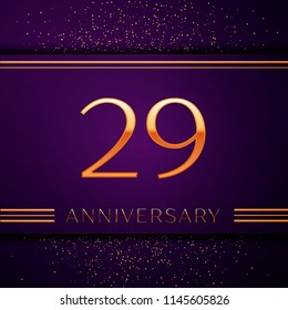 Realistic Twenty nine Years Anniversary Celebration design banner. Golden number and confetti on purple background. Colorful Vector template elements for your birthday party