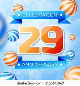 Realistic Twenty nine Years Anniversary Celebration design banner. Gold numbers and blue ribbons, balloons on blue background. Colorful Vector template elements for your birthday party