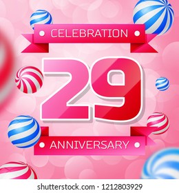 Realistic Twenty nine Years Anniversary Celebration design banner. Gold numbers and blue ribbons, balloons on blue background. Colorful Vector template elements for your birthday party