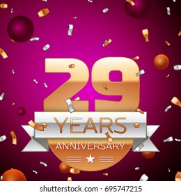 Realistic Twenty nine Years Anniversary Celebration Design. Golden numbers and silver ribbon, confetti on purple background. Colorful Vector template elements for your birthday party
