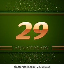 Realistic Twenty nine Years Anniversary Celebration Logotype. Golden numbers and golden confetti on green background. Colorful Vector template elements for your birthday party