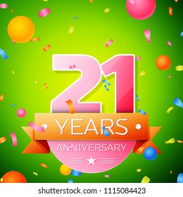 Realistic Twenty one Years Anniversary Celebration Design. Pink numbers and golden ribbon, confetti on green background. Colorful Vector template elements for your birthday party