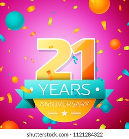 Realistic Twenty one Years Anniversary Celebration design banner. Gold numbers and cyan ribbon, balloons, confetti on pink background. Colorful Vector template elements for your birthday party
