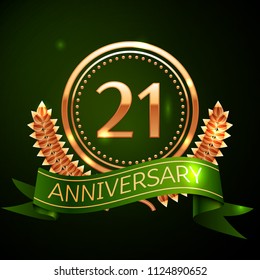 Realistic Twenty one Years Anniversary Celebration Design with Golden Ring and Laurel Wreath, green ribbon on green background. Colorful Vector template elements for your birthday celebrating party