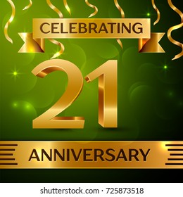 Realistic Twenty one Years Anniversary Celebration Design. Confetti and gold ribbon on green background. Colorful Vector template elements for your birthday party. Anniversary ribbon