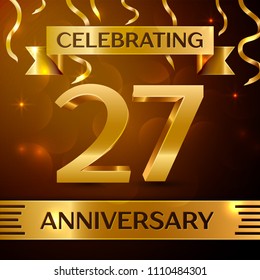 Realistic Twenty seven Years Anniversary Celebration Design. Golden confetti and gold ribbon on brown background. Colorful Vector template elements for your birthday party