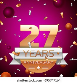 Realistic Twenty seven Years Anniversary Celebration Design. Golden numbers and silver ribbon, confetti on purple background. Colorful Vector template elements for your birthday party