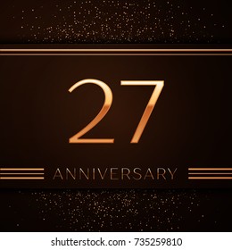 Realistic Twenty seven Years Anniversary Celebration Logotype. Golden numbers and golden confetti on brown background. Colorful Vector template elements for your birthday party