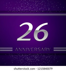 Realistic Twenty six Years Anniversary Celebration design banner. Silver number and confetti on purple background. Colorful Vector template elements for your birthday party