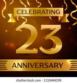 Realistic Twenty three Years Anniversary Celebration Design. Golden confetti and gold ribbon on brown background. Colorful Vector template elements for your birthday party