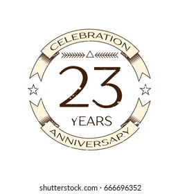 Realistic twenty three years anniversary celebration logo with ring and ribbon on white background. Vector template for your design