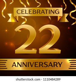 Realistic Twenty two Years Anniversary Celebration Design. Golden confetti and gold ribbon on brown background. Colorful Vector template elements for your birthday party