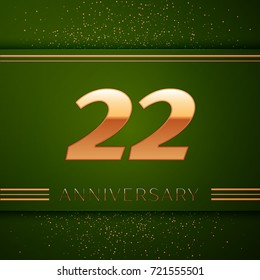 Realistic Twenty two Years Anniversary Celebration Logotype. Golden numbers and golden confetti on green background. Colorful Vector template elements for your birthday party