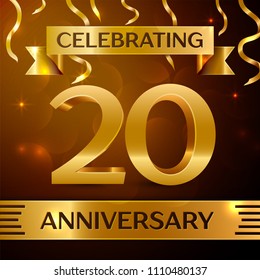 Realistic Twenty Years Anniversary Celebration Design. Golden confetti and gold ribbon on brown background. Colorful Vector template elements for your birthday party