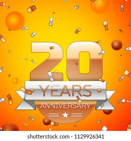 Realistic Twenty Years Anniversary Celebration design banner. Gold numbers and silver ribbon, balloons, confetti on orange background. Colorful Vector template elements for your birthday party