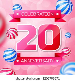 Realistic Twenty Years Anniversary Celebration design banner. Gold numbers and blue ribbons, balloons on blue background. Colorful Vector template elements for your birthday party