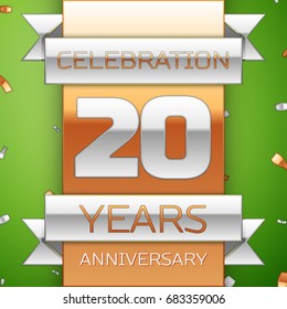 Realistic Twenty Years Anniversary Celebration Design. Silver and golden ribbon, confetti on green background. Colorful Vector template elements for your birthday party. Anniversary ribbon