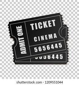 Realistic Two black cinema tickets isolated object on transparent background. Cinema, theater, concert, movie, performance, party, event festival ticket template. Admit one. Vector Illustration